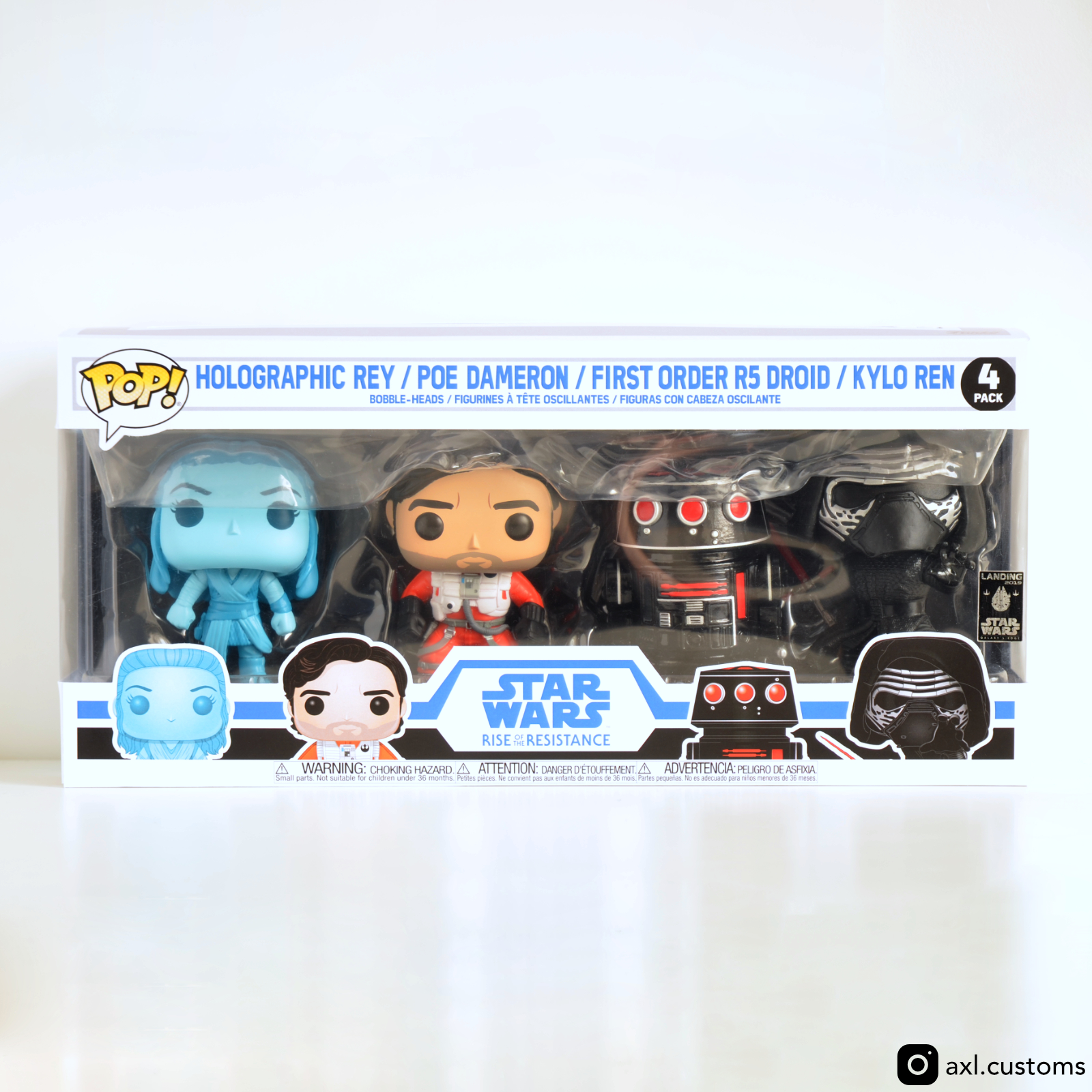 Front Shot Rise of the Resistance - Holographic Rey, Poe Dameron, First Order R5 Droid & Kylo Ren Custom Funko Pop