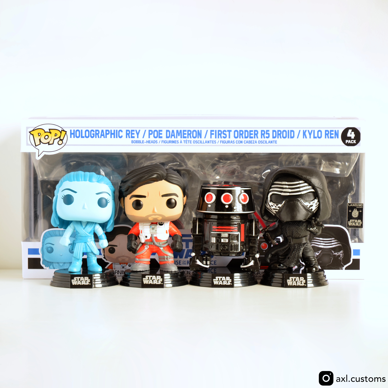Front Shot Unboxed Rise of the Resistance - Holographic Rey, Poe Dameron, First Order R5 Droid & Kylo Ren Custom Funko Pop